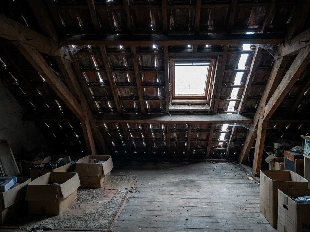 Kale zolder met houten balken voor isolatiewerk