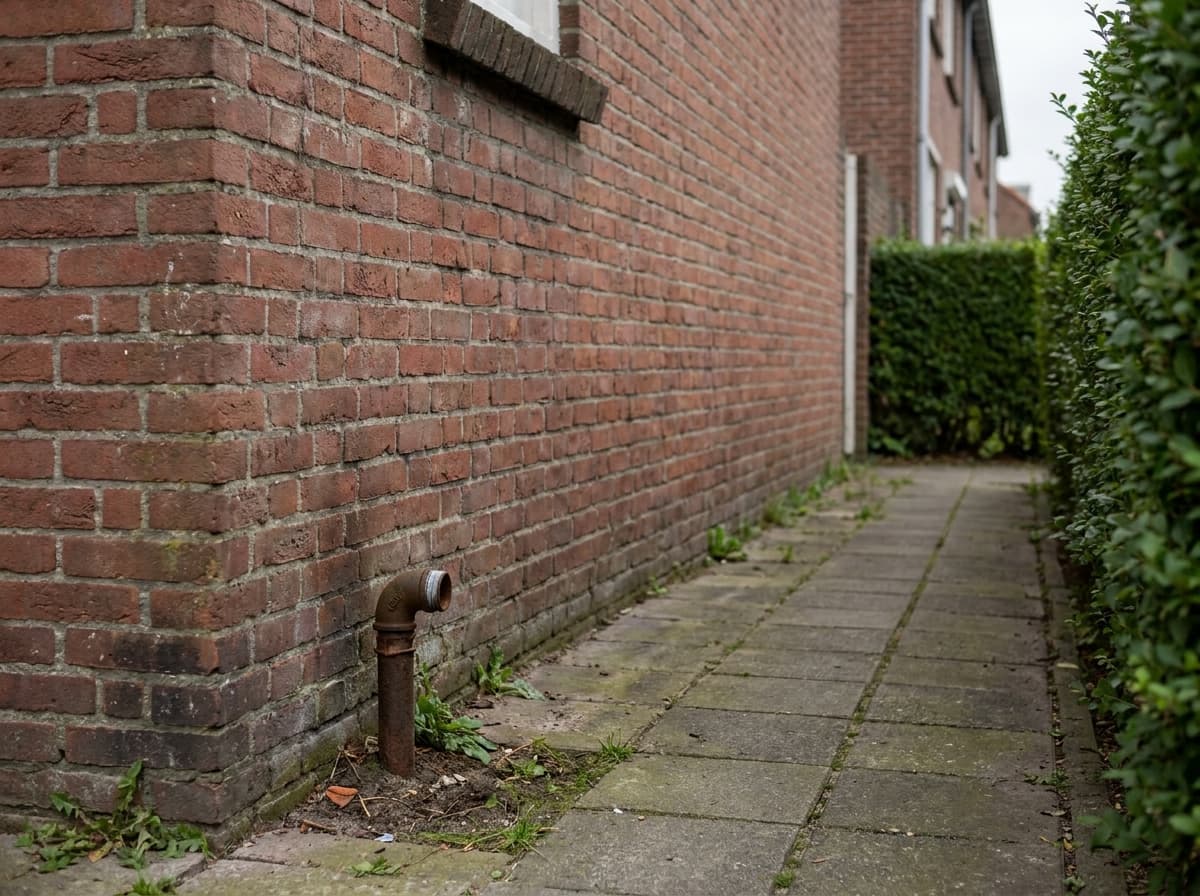 Rode bakstenen zijmuur met oude gasleiding