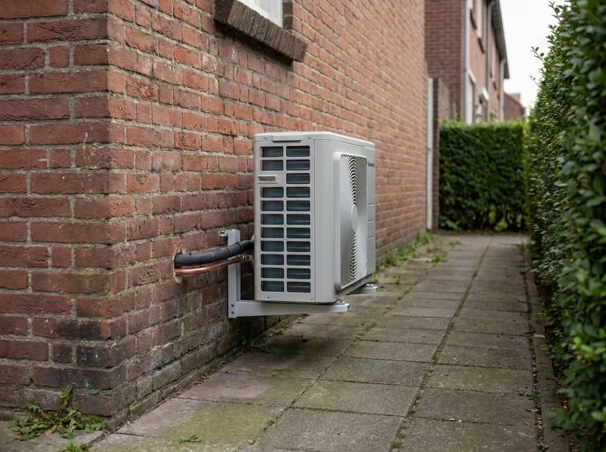 Zelfde zijmuur met nette nieuwe hybride warmtepomp buitendeel