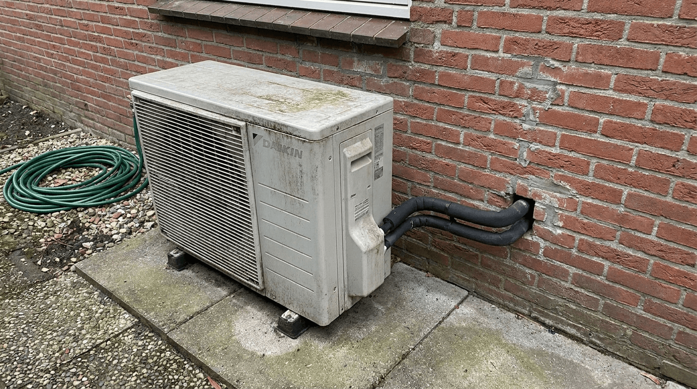 Een warmtepomp-buitenunit naast een verduurzaamde woning