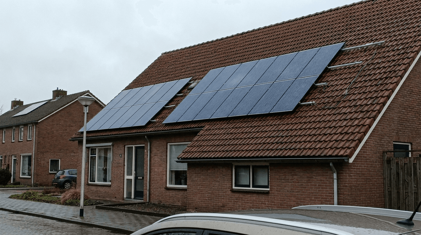 Zonnepanelen op een Nederlands dak in helder daglicht